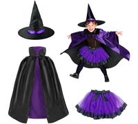 Gibocot Kids Purple Witch Costume Girls 3-8Y, 3 Piece Halloween Fancy Dress Up Outfit with Tutu Skirt, Reversible Collar Cape & Pointed Hat for Trick or Treat, Book Day, Cosplay Party