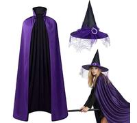 Gibocot Women's Purple Witch Costume - 2 Piece Halloween Outfit with Reversible Collar Cape & Pointed Hat, Fancy Dress UK for Cosplay & Haunted House