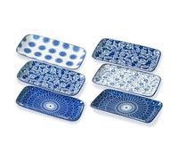Gibsimi Rectangle Serving Plates Set - 8.1" x 4.5" Ceramic Rectangular Sushi Dishes- Oven Microwave Dishwasher Safe - Porcelain Dinner Platter for Salad Appetizer Dessert - Set of 6 - Vintage Blue