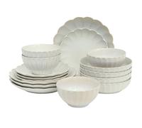 Gibson Elite Malibu Shore 16 Piece Scallop Stoneware Reactive Glaze (Service for 4) Ceramic Plates and Bowls Dinnerware Set - Shiny Cream White