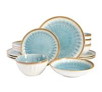 Gibson Elite Mayfair Bay Embossed Double Bowl Dinnerware Set, Service for 4 (16pcs), Blue