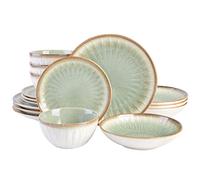 Gibson Elite Mayfair Bay Embossed Double Bowl Dinnerware Set, Service for 4 (16pcs), Green