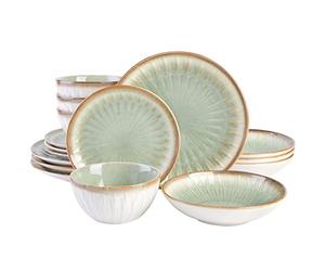 Gibson Elite Mayfair Bay Embossed Double Bowl Dinnerware Set, Service for 4 (16pcs), Green
