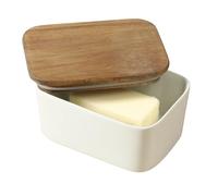 Gibson Home Bristlewood Rectangular Ceramic Butter Keeper with Acacia Wood Lid, Modern Farmhouse Butter Dish, Glazed Stoneware Storage for Kitchen Countertop or Table