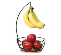 Gibson Home Harvest Season Fruit Basket Bowl with Banana Hanger - Black Metal Wire & Rubberwood Base - Countertop Produce Stand for Apples, Bananas, Oranges - Kitchen Storage Organizer