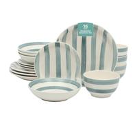 Gibson Home Kenwood Shores 16 Piece Dinnerware Set, Blue Striped, Hand-Painted Stoneware Dishes, Plates and Bowls, Service for 4, Microwave & Dishwasher Safe
