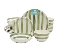 Gibson Home Kenwood Shores 16 Piece Dinnerware Set, Green Striped, Hand-Painted Stoneware, Plates and Bowls, Service for 4, Microwave & Dishwasher Safe