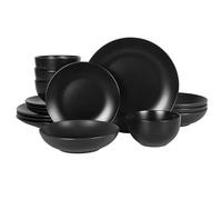 Gibson Home Queenslane 16 Piece Double Bowl Plates and Bowls Dinnerware Sets - Matte Black