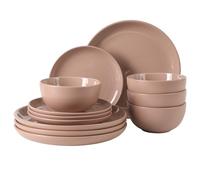 Gibson Home Rockaway 12 Piece Plates and Bowls Matte Outside/Shiny Inside Glaze Service for 4 Dinnerware Set - Pink - Dishwasher and Microwave Safe