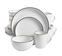 Gibson Home Rockaway Round Stoneware Dinnerware Set, Service for 4 (16pcs), Matte White/Metallic Rim