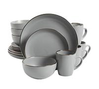 Gibson Home Round Stoneware Rockaway Dinnerware Set, Service for 4 (16pcs), Grey/Gold Rim
