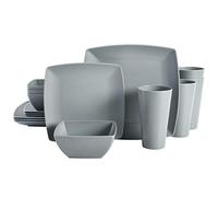 Gibson Home Soho Grayson Square Melamine Plastic Dinnerware Set, Service for Four (16pcs), Grey