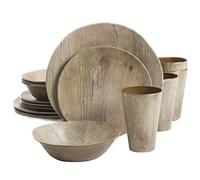 Gibson Home Woodlands Round Melamine Plastic Dinnerware Set Service for Four (16pcs) Wood
