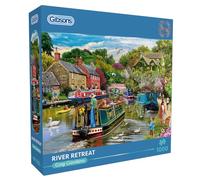 Gibsons River Retreat 1000 Piece Jigsaw Puzzle Beautiful Colourful Artwork Canal Boats Nostalgic Sustainable Jigsaw Puzzle for Adults Teens Premium 100% Recycled Board Great Gift | Gibsons Games