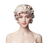 GIBZ Double Layer Satin Bonnet with Elastic Band Solid Ruffles Silk Bonnets for Curly Hair Sleeping Champagne One Size