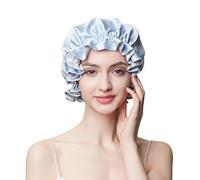 GIBZ Double Layer Satin Bonnet with Elastic Band Solid Ruffles Silk Bonnets for Curly Hair Sleeping Blue One Size