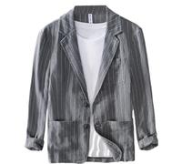 GIBZ Men's Stripe Casual Linen Blazer Jacket Lightweight 2 Button Sport Coat Lapel Suit with Pockets for Summer Spring, Grey, L