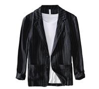 GIBZ Men's Stripe Casual Linen Blazer Jacket Lightweight 2 Button Sport Coat Lapel Suit with Pockets for Summer Spring, Black, L