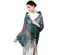 GIBZ Sequins Shawl for Women with Phoenix Embroidery Tassel Long Glitter Wraps for Wedding Evening Dresses Party, Teal Green