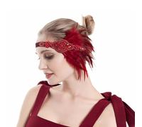 GIBZ Womens 1920s Vintage Flapper Headband, Rhinestone Feather Headpiece, Glitter Head Accessories for Party, Red