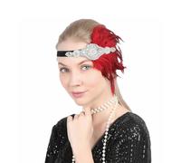 GIBZ Womens 1920s Vintage Flapper Headband, Rhinestone Feather Headpiece, Glitter Head Accessories for Party, White Red
