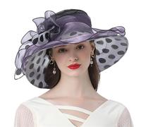 GIBZ Women's Tulle Fascinator Hats Extra Large Polka Dots Brim Elegant 1920s Sun Hat for Tea Party Church Wedding, Purple