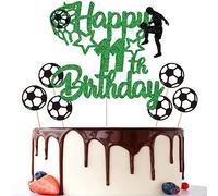 Gidobo 11th Birthday Cake Toppers, Green Glittery Cake Decorations with Football Theme, Eleven Years Old Soccer Birthday Party Supplies for Boys
