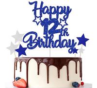 Gidobo 12th Birthday Cake Toppers, Blue Glittery Cake Decorations with Stars, Twelve Years Old Birthday Party Supplies for Boys and Girls
