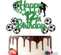 Gidobo 12th Birthday Cake Toppers, Green Glittery Cake Decorations with Football Theme, Twelve Years Old Soccer Birthday Party Supplies for Boys