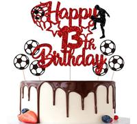 Gidobo 13th Birthday Cake Toppers, Red Glittery Cake Decorations with Football Theme, Thirteen Years Old Soccer Birthday Party Supplies for Boys