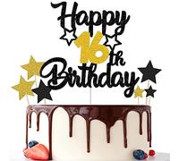 Gidobo 16th Birthday Cake Toppers, Black Gold Glittery Cake Decorations with Stars, Sixteen Years Old Birthday Party Supplies for Boys and Girls