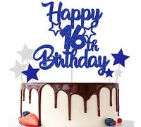 Gidobo 16th Birthday Cake Toppers, Blue Glittery Cake Decorations with Stars, Sixteen Years Old Birthday Party Supplies for Boys and Girls