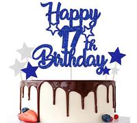 Gidobo 17th Birthday Cake Toppers, Blue Glittery Cake Decorations with Stars, Seventeen Years Old Birthday Party Supplies for Boys and Girls