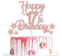 Gidobo 17th Birthday Cake Toppers, Rose Gold Glittery Cake Decorations with Stars, Seventeen Years Old Birthday Party Supplies for Girls