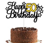 Gidobo 1PCS Happy 50th Birthday Cake Topper, Black Gold Glittery Happy 50th Birthday Cake Decorations for Birthday Anniversary Party Cake Pick Decorations Supplies