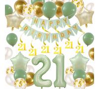 Gidobo 21st Birthday Decorations for Her, Sage Green Birthday Decorations, Happy Birthday Banner with 21st Hanging Swirls, Confetti Latex Balloons Number Foil Balloons for Party Backdrop Supplies