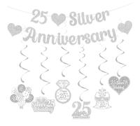 Gidobo 25th Wedding Anniversary Decorations Set, 25 Silver Anniversary Banner, 6 Pieces Hanging Swirls, Glittery Party Hanging Bunting for Couple Parent Anniversary Celebration