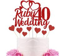 Gidobo 40th Wedding Anniversary Cake Toppers with Heart Cupcake Toppers, Glittery Ruby Weddding Anniversary Heart Cake Decoration for Celebration Party Supplies