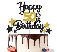 Gidobo 50th Birthday Cake Toppers, Black Gold Glittery Cake Decorations with Stars, Fifty Years Old Birthday Party Supplies for Men and Women
