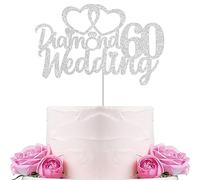 Gidobo 60th Wedding Anniversary Cake Toppers with Heart Cupcake Toppers, Glittery Diamond Weddding Anniversary Heart Cake Decoration for Celebration Party Supplies