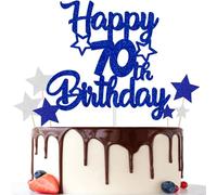 Gidobo 70th Birthday Cake Toppers, Blue Glittery Cake Decorations with Stars, Seventy Years Old Birthday Party Supplies for Men and Women
