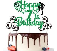 Gidobo 7th Birthday Cake Toppers, Green Glittery Cake Decorations with Football Theme, Seven Years Old Soccer Birthday Party Supplies for Boys
