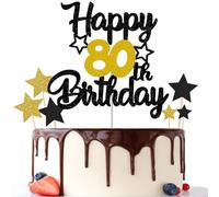 Gidobo 80th Birthday Cake Toppers, Black Gold Glittery Cake Decorations with Stars, Eighty Years Old Birthday Party Supplies for Men and Women