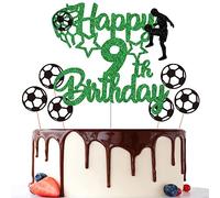 Gidobo 9th Birthday Cake Toppers, Green Glittery Cake Decorations with Football Theme, Nine Years Old Soccer Birthday Party Supplies for Boys
