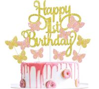 Gidobo Butterfly Happy 1st Birthday Cake Toppers, Gold Pink Butterfly Cake Decorations with Cupcake Toppers, Glittery Butterfly Themed Cake Toppers Decorations Party Celebration for Girls