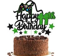 Gidobo Happy 11th Birthday Cake Topper for Boys, Green Glittery Video Game Cake Toppers Game On with Controllers for Eleven Years Old Birthday Party Supplies