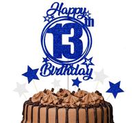 Gidobo Happy 13th Birthday Cake Toppers - Blue Glittery Birthday Cake Topper with Star Pick Thirteen Years Old Party Decorations for Boys