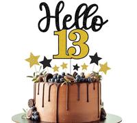 Gidobo Happy 13th Birthday Cake Toppers for Boys Girls, Hello 13 Black Gold Cake Decorations with Star Cupcake Toppers for 13th Birthday Party Cake Decorations