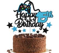 Gidobo Happy 15th Birthday Cake Topper for Boys, Glittery Video Game Cake Toppers Game On with Controllers for Fifteen Years Old Birthday Party Supplies