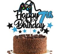 Gidobo Happy 7th Birthday Cake Topper for Boys, Glittery Video Game Cake Toppers Game On with Controllers for Seven Years Old Birthday Party Supplies